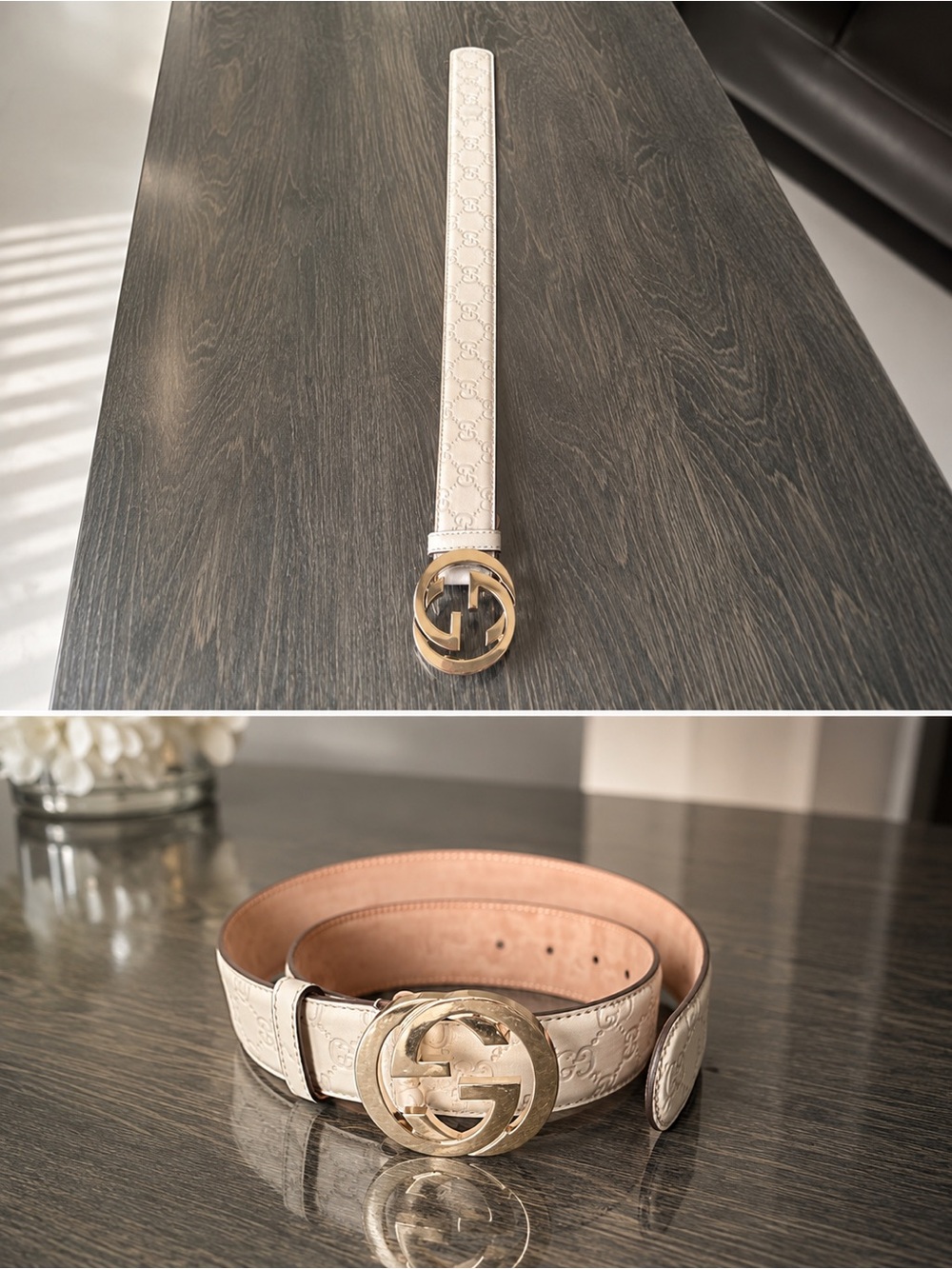 Gucci Cream Leather Double G Logo Belt with Gold-Tone Buckle
